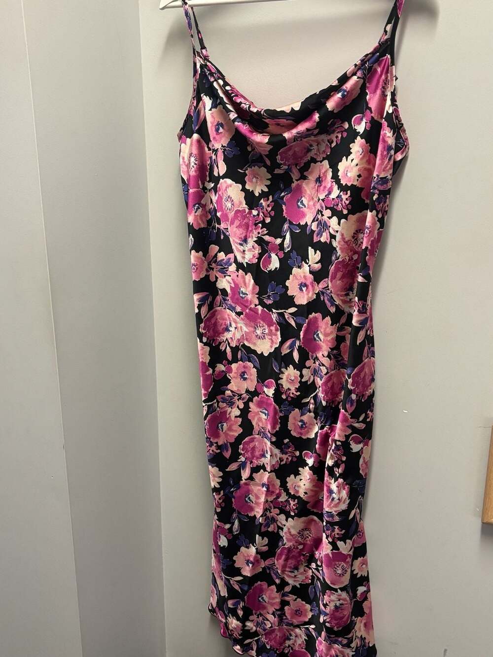 bebe Black and Pink Floral Cowl Neck Satin Midi Slip Dress